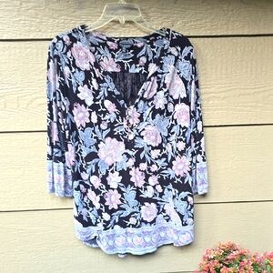 Lucky Brand Black Floral Soft Flowy popover Henley Tunic 1X